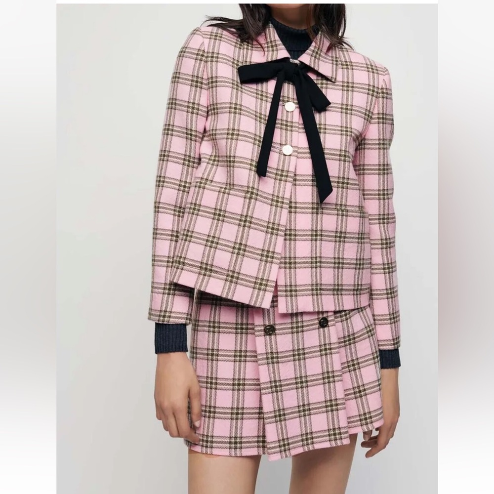 Brand New *RARE* Pink Plaid Maje Wool Blazer and Jalisa Mini Skirt Suit Set sz L